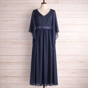 Sequin Fairy Chiffon Navy Blue Maxi Dress XL Whimsical Ethereal Funnel Sleeve